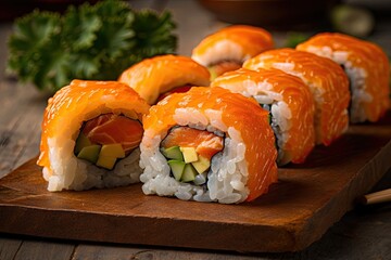 sushi rolls with fresh cucumber and creamy avocado on a rustic wooden cutting board. Generative AI