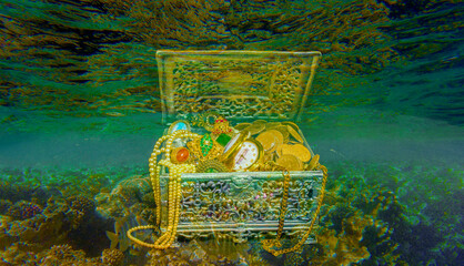 treasures jewels in a casket chest at the bottom of the sea underwater