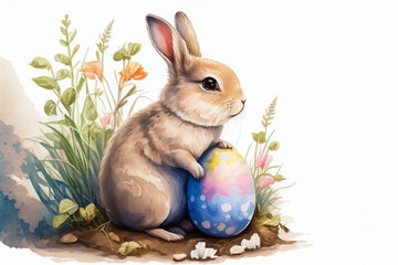 Easter bunny rabbit and a colourful egg with a pastel watercolour effect which is useful for a greeting card in spring, computer Generative AI stock illustration image
