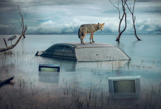Graphic image of wolf standing on car in flood