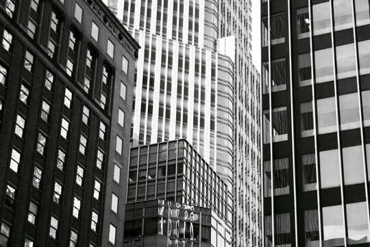 Monochrome photo of  different glass facades in new york city, ny, usa