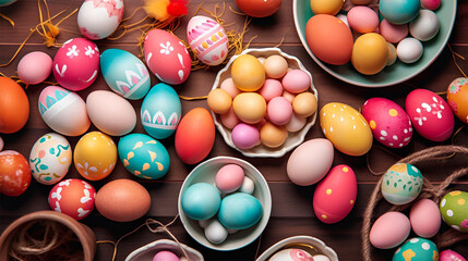 Fototapeta na wymiar Easter eggs on the table festive background for decorative design generative ai
