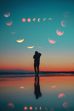 Silhouette of person under phases of the moon at sunset