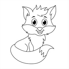 Cute Fox Coloring Page. Cartoon Fox Illustration For Children. Kawaii Fox Cub Coloring Book. Black And White Line Art. Outline Page Activity For Kids