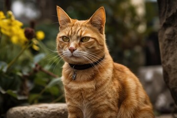 Naklejka na ściany i meble Beautiful ginger cat in garden portrait. Generative AI