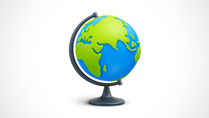 Cartoon world globe with stand on white background. Globe of planet Earth for concept of kids learning or world traveling. Vector illustration