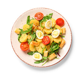Plate of tasty potato salad with eggs and tomatoes isolated on white, top view