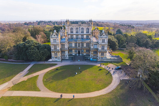 Wollaton Hall - Grade I listed Elizabethan mansion seen from aerial perspective on a beautiful sunny day. High quality photo