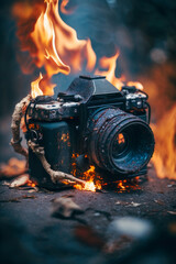 A burning camera of a war correspondent