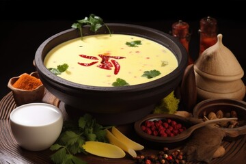 Kadhi, popular indian dish made with yogurt and gram flour. Healthy comfort local food. AI generative