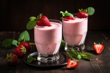 Strawberry lassi, traditional indian drink made of yogurt , strawberries, milk and honey. Healthy local food concept. Ai generative