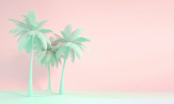 Palm trees over pastel background. Summer, tropical, exotic vacations idea. AI generative