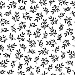 Black and white floral seamless pattern with hand drawn leaves silhouettes. Nature minimalist wallpaper. Simple doodle plants or garden theme background. Vector illustration on white background.