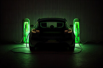 Electric car being charged at a charging station. Electric vehicle charging station on dark toned foggy background generative ai