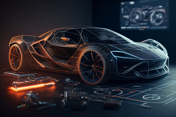 sport car wire model on a black background. 3d rendering generative ai