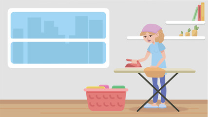 A young woman is Ironing clothes on a board vector. Home activity. Vector illustration in flat style. 