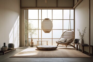 Fototapeta na wymiar Japanese living room with copy space, architect interior designer idea. Sofa and hanging chair. Wabi sabi,. Generative AI