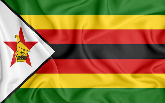 Zimbabwe flag waving with the wind, wide format, 3D illustration rendring. Design with satin fabric. to be used for educational purposes or for illustrations of videos or vlogs.