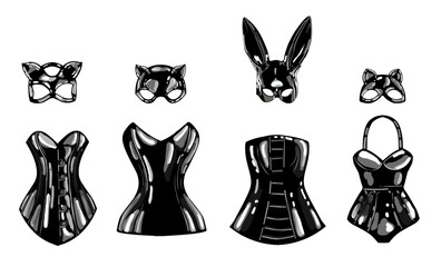 latex cat and rabbit mask. black latex. female corset. fetish