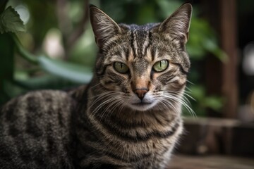 Naklejka na ściany i meble In the garden, a stray brown tabby cat with green eyes directs its gaze at the camera. up close. Generative AI