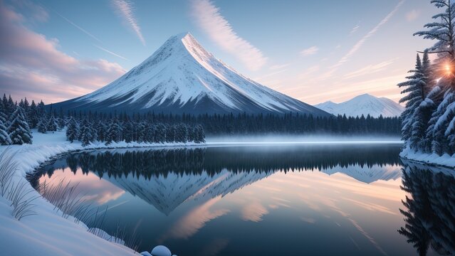 Winter mountain fujiyama, frozen river, winter forest