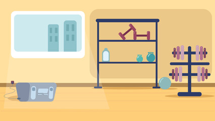 Gym room flat interior vector with city view.