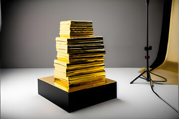 Several bars of gold stacked in a studio.