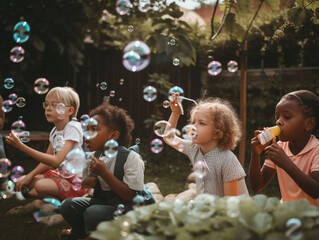 Diverse Group of Children Playing with Bubbles in a backyard | Generative AI