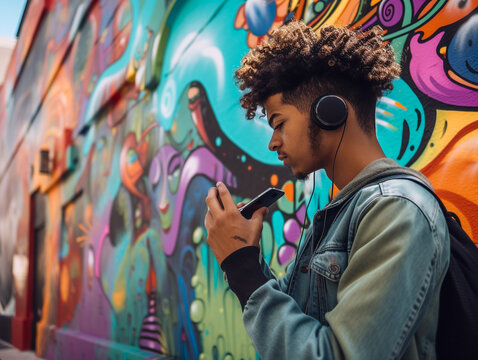 A Young Black Man Wearing Headphones in a Graffiti Alley | Generative AI