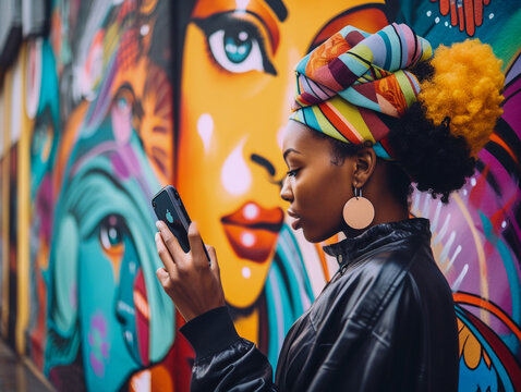 A Young Black Woman on Her Smartphone in a Graffiti Alley | Generative AI
