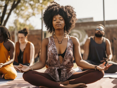 A Young Black Woman Meditating in a Group Outside | Generative AI