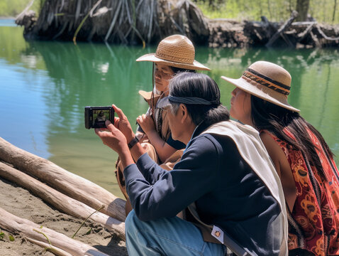 An Indigenous Family Taking a Photo on a River | Generative AI
