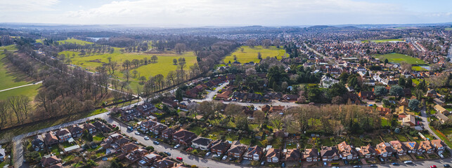 aerial panorama of Wollaton district on a winter sunny day, Nottingham, England. High quality photo