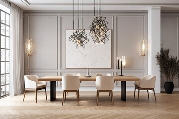 Interior design of a white modern, luxurious dining room. Generative AI