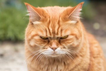 Naklejka na ściany i meble Portrait of an angry unhappy red tabby cat. Generative AI