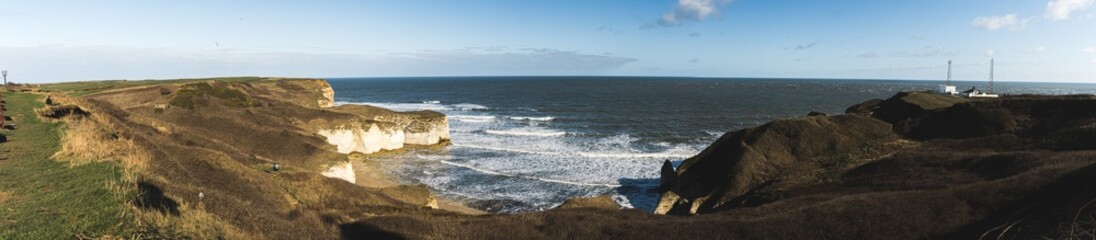 Flamborough Head in Yorkshire coast, England during beautiful sunny day. Wide shot. Panorama. High quality photo