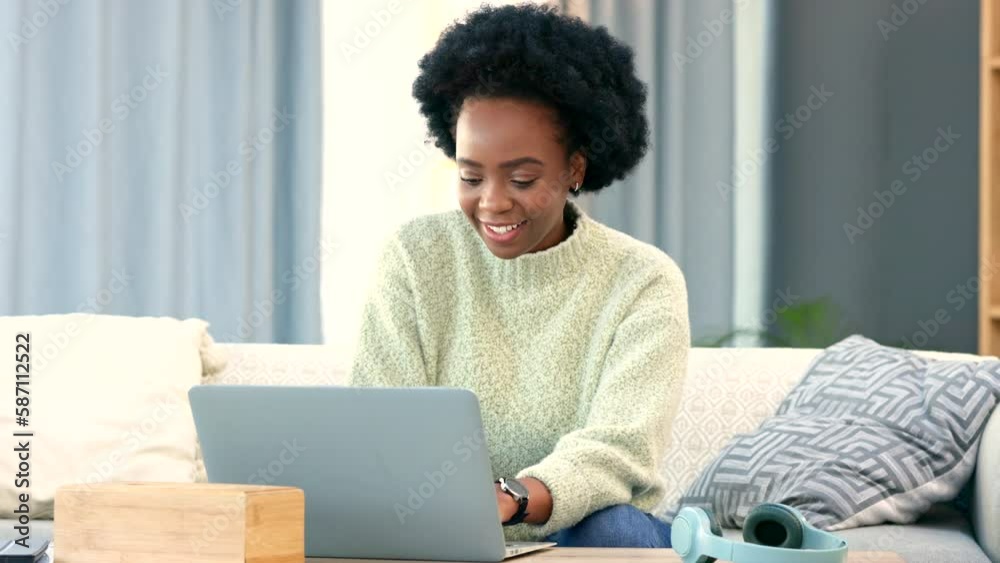 Poster Afro woman trading and investing in the stock market using her laptop and a distance learning course. Smiling, happy and relaxed woman sitting alone in home living room and searching on technology