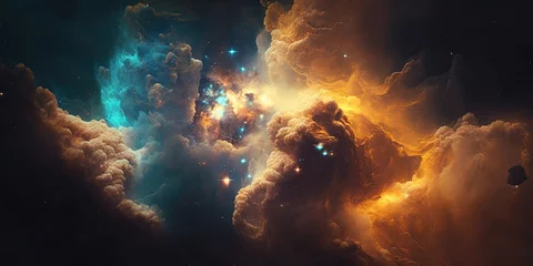 Zelfklevend Fotobehang Colorful space galaxy cloud nebula. Stary night cosmos. Universe science astronomy. Supernova background wallpaper  © Fox Ave Designs