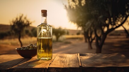 Obraz na płótnie Canvas Bottle of olive oil on a wooden table in a grove vineyard at sunset. 