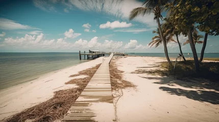 Fototapete Abstieg zum Strand Sandy, wooden boardwalk on a tropical beach in the Florida Keys. Island ocean landscape.