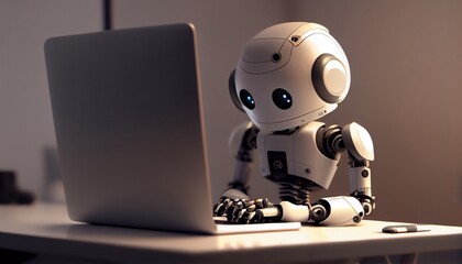 Automation worker concept with 3d rendering cyborg or robot work on desktop computer.