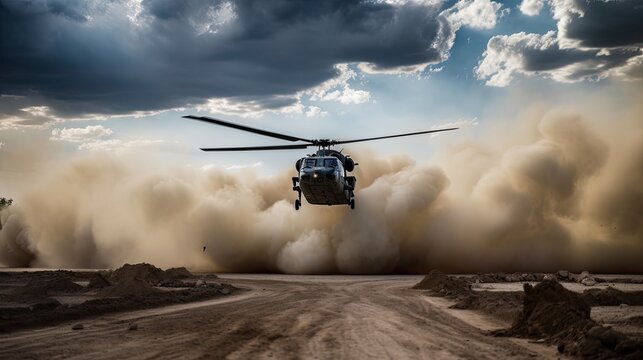 Military helicopter in active combat zone. War chopper aircraft flying for the army and landing in the desert.