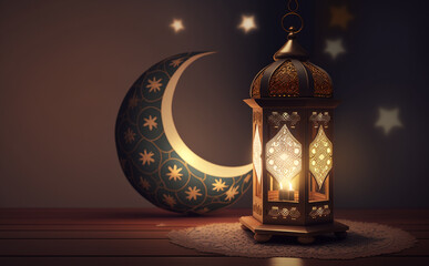 Islamic Ramadan Lantern With Crescent Moon in The Background With Generative AI Technology