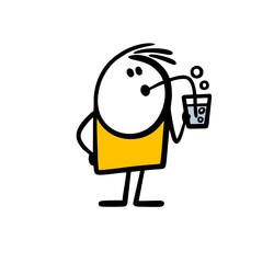 Cartoon boy in cafe drinks carbonated lemonade from a glass through a straw, seethes and blows bubbles.