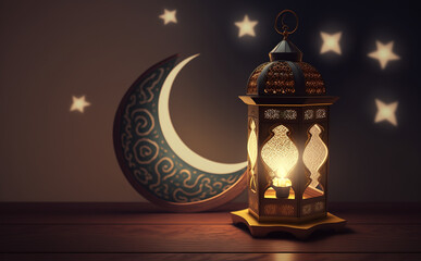 Islamic Ramadan Lantern With Crescent Moon in The Background With Generative AI Technology