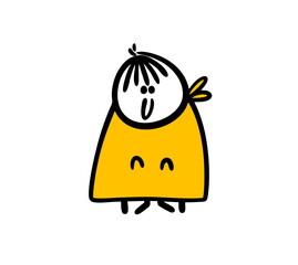 Cartoon boy or a woman is sitting in a barber chair and a master is cutting long hair.