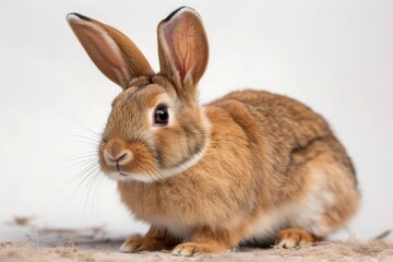 Fototapeta premium Brown and white rabbit Wonderful to be on the ground. On a white background, split. Generative AI