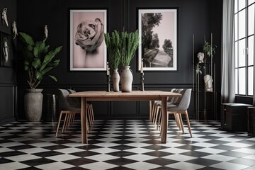 White floor with a black and white checkered carpet and a gallery on a dark wall make up the dining room. Generative AI