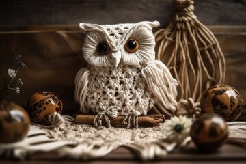 Obraz premium Baby Owl cotton cord macrame wall art for kids' rooms. Generative AI