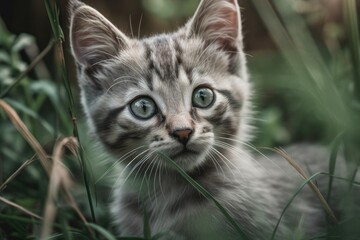 Naklejka na ściany i meble Adorable European kitten created at home. Generative AI